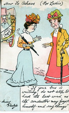Ladies talking bus conductor behaviour comic postcard posted Goldsborough 1908