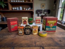 Collection Of 9 Vintage Repro Food Storage Tins Spices Pepper Cocoa Knife Powder