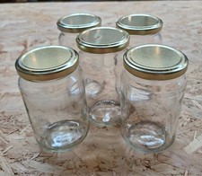 1 lb Glass Jam Jars With New Gold Lids.