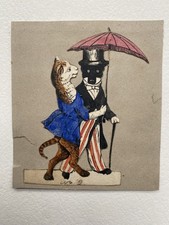 Sweet Victorian Small Trimmed Watercolour Caricature Cat With Companion Parasol 