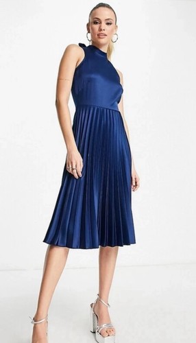 Blue satin halterneck dress - satin,