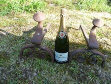 A VINTAGE PAIR OF FRENCH, HEAVY WROUGHT IRON FIRE DOGS. FRENCH ANDIRONS, CHENETS