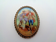 Limoges France Yellow metal and hand painted porcelain Brooch c1960s Used