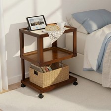 Small Bamboo Side Table Bedside Table Nightstand 3-Tier Shelf Unit with Wheels