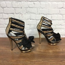 Timeless Ladies Black/Gold Suede Leather Cut Out Open Toe Ankle Booties - Size 4