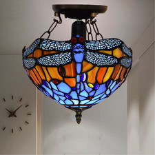 Tiffany Ceiling Lamp 10 inch Stained Glass Shade Multicolor Dragonfly Style UK