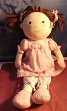 Silver Cross Vintage Rag Doll In Pink Dress & Long Pants.  Pink Ribbon Bunches.
