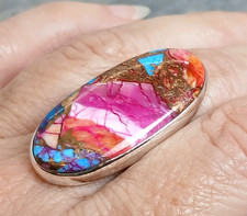 Large 925 Silver KINGMAN PINK DAHLIA OYSTER TURQUOISE Ring Sz N-6.5 R916