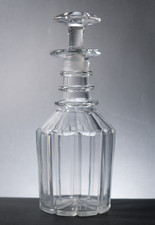 Georgian Glass Decanter 1.27kg 3-Ring Neck Faceted Panels 25cm Tall w/ Stopper