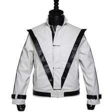 Men’s Michael Jackson Thriller Jacket White Black Real Leather Retro Biker Style