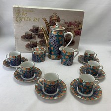 Vintage Japanese Blue Orange Floral 17 Piece Coffee Set in Box