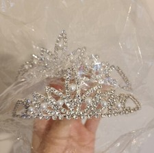 Mini Silver Tiara with Hair Comb,  Rhinestones, and Pearls for Women/Girls.
