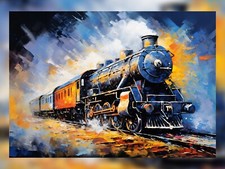 Vintage 5x7 Steam Train Journey: Classic Rail Oil Painting Print