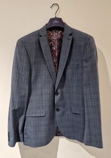 NEXT New Mens 3 Piece Steel Blue Check  Suit.Jacket 42S.Trousers 34S. W/coat 42R