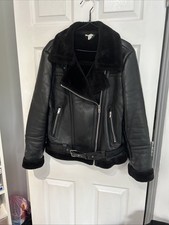 TOPSHOP BLACK FAUX LEATHER  FUR AVIATOR / BIKER JACKET SZ 10 EXCELLENT CONDITION