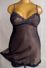 M&S Autograph Babydoll Nightdress, Chocolate 100% Silk & Black Lace, UK 8