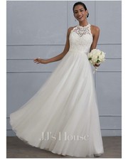 A-Line Dress Turtleneck Floor-Length Lace Tulle Charmeuse Wedding Dresses UK 8