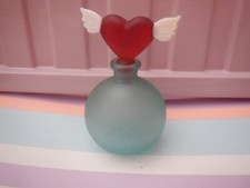VINTAGE "HEARTS DESIRE" BLUEFROSTED PERFUME BOTTLE WITH WINGED HEART STOPPER