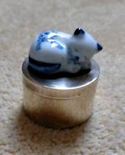 Vintage Brass Round Trinket/Pill Box  Blue & White Ceramic sleeping cat on lid