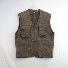Waistcoat Brown Leather 80s 90s Motorcycle Biker Cut Vest Utility Pockets 44"