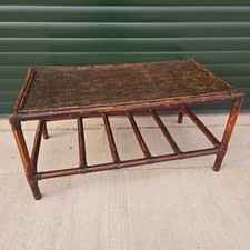 Vintage Bamboo Wicker Rattan Rectangular Coffee Table Dark Wood Tone Boho Retro