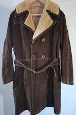 Vintage Friitala Finland  Sheepskin Trench Coat Brown Suede Leather Belt Size 52