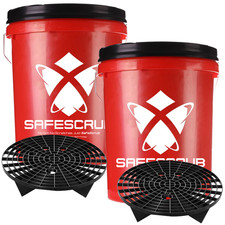 2 x SAFESCRUB Car Wash & Rinse Buckets & Lids, Black Guards 22L Litre Red Set