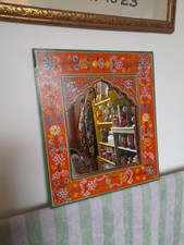 IAN SNOW PAINTED MIRROR. FLORAL ORANGE BOHO. INDIAN. ARCH. VINTAGE. USED.