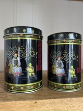 Vintage Black Chinoiserie 2 x Metal Tea Caddy’s 12.5cm X 9cm 11.5cm X 8cm.