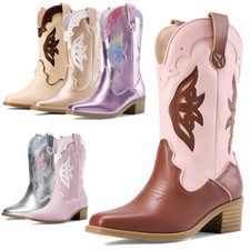 Kids Cowgirl Boots Vintage Western Boots Side Zip PU Leather Mid Calf Boots