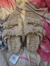 Ladies Beige Open Toe Post Mule Slippers, Size 6.5, Fluffy Hard Sole