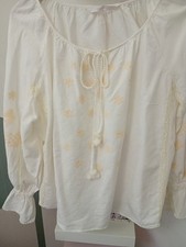 Zara Boho Top, Embroidered Sleeves, Tie Cord Pom Pom Fastening Lge, Used.
