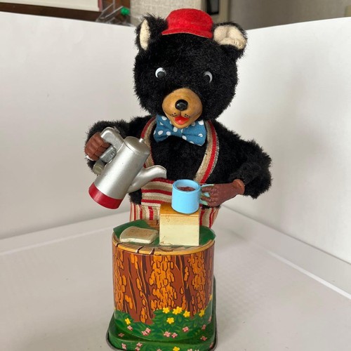 Coffee drinking bear tin toy - coffee-drinking,
