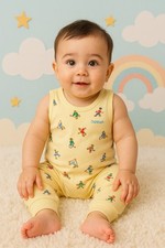 Vintage Oshkosh Teddy Bear Print Yellow Pants One Piece Romper Outfit 6/9 Mo.