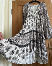 Monsoon White, Black, Blush Pink Spliced Smock Kaftan Beach Dress, Size M, 12-14