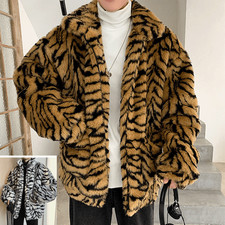 Mens Winter New Keep Warm Faux Fur Coat Korean Style Fashion Tiger Leopard Print
