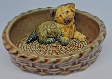 Wade Whimsies: Alsatian (German Shepard Dog) pup in a brown basket Dish Vintage