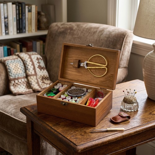 Wooden sewing box - sewing, full