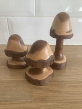 Hand Turned Carved Wooden Toadstool Mushrooms Ornament Set x 3, Yew Tree