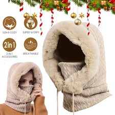 Ladies Winter Hat Scarf Hooded Plush Fur Neck Warmer Thick Plush Fluffy Beanies