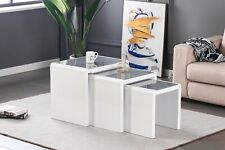 Nest of 3 Tables Grey Tempered Glass Top White High Gloss Side End Coffee Home