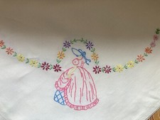 VINTAGE EMBROIDERED CRINOLINE LADY LINEN TABLECLOTH..LARGE.