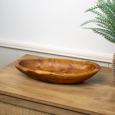 Teak Root Long Bowl 35cm Antique Rustic Kitchen Hand Carved Wood Fruit Food Deco
