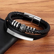 Men's Genuine Leather Stainless Steel Braided Bracelet Wristband Black Brown