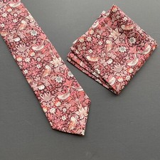 Dark Pink Strawberry Thief Birds Liberty Fabric Men's Tie, Pocket Square Wedding