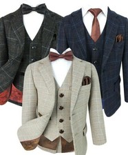 Kids Vintage Retro Check Tweed Boys Suits Wedding Prom in Navy Blue Beige Grey
