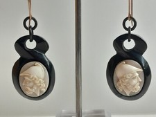 ANTIQUE VICTORIAN 9CT GOLD WHITBY JET & SARDONYX SHELL RARE CAMEO EARRINGS