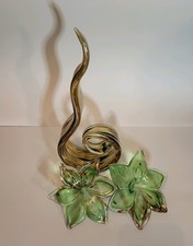 Murano Glass Hand Blown Sculptures Flowers And Ribbon Green White Gold Paired