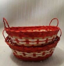 2 Red & White  Baskets With Handles Straw Vintage