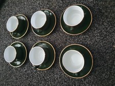 vintage Apilco French Porcelain Small Coffee Cup & Saucer. Green with Gold 
